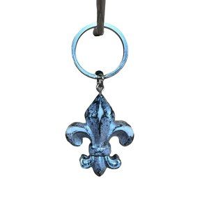 Fleur de Lis Keychain Distressed Metal Silver Colored 1.5”